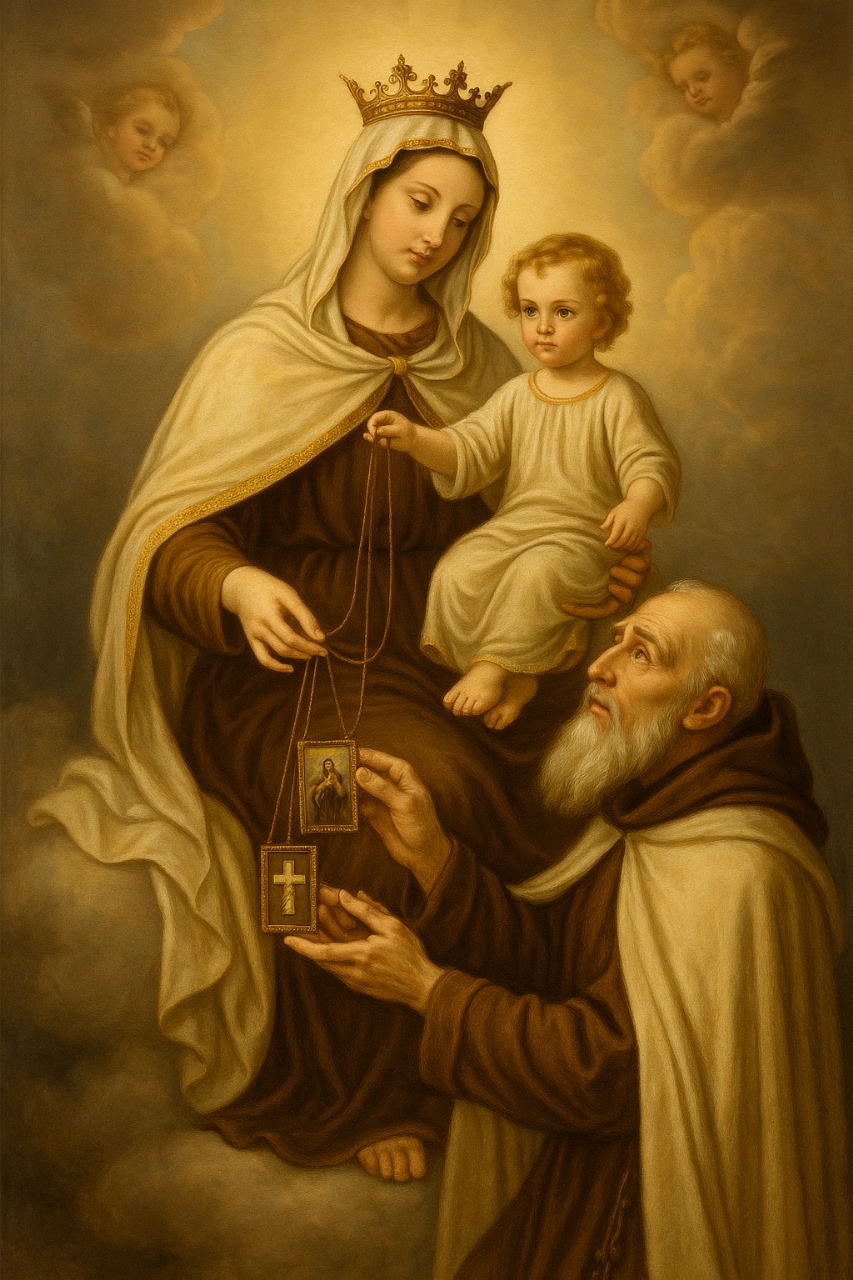 São Simão recebe o escapulário e a promessa da Virgem do Carmo no Monte Carmelo