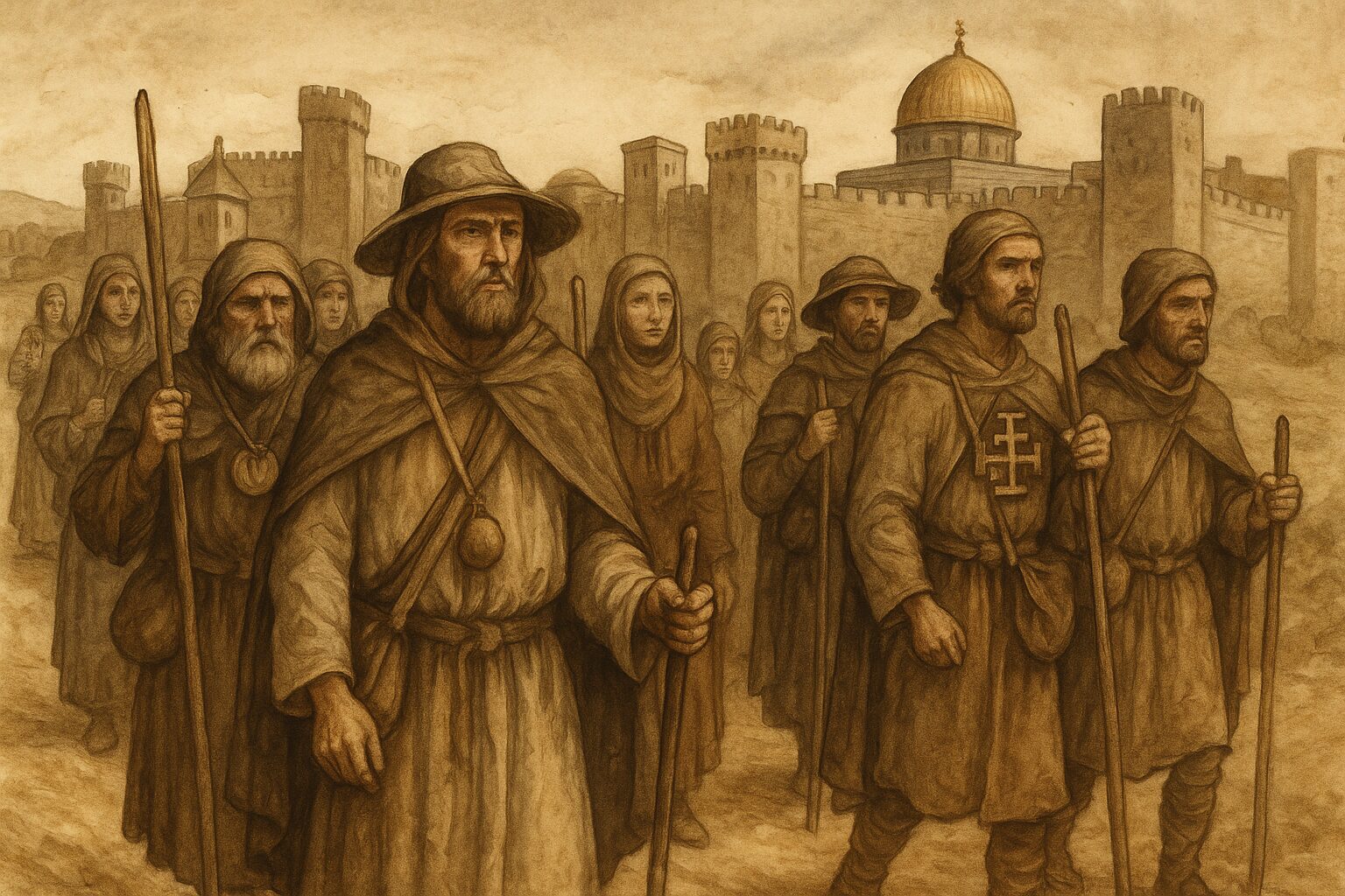 Peregrino medievais chegando em Jerusalém