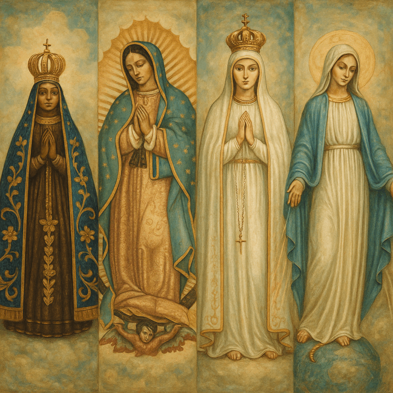 Manifestações da Nossa Senhora: Aparecida, Guadalupe, Fátima e das Graças.